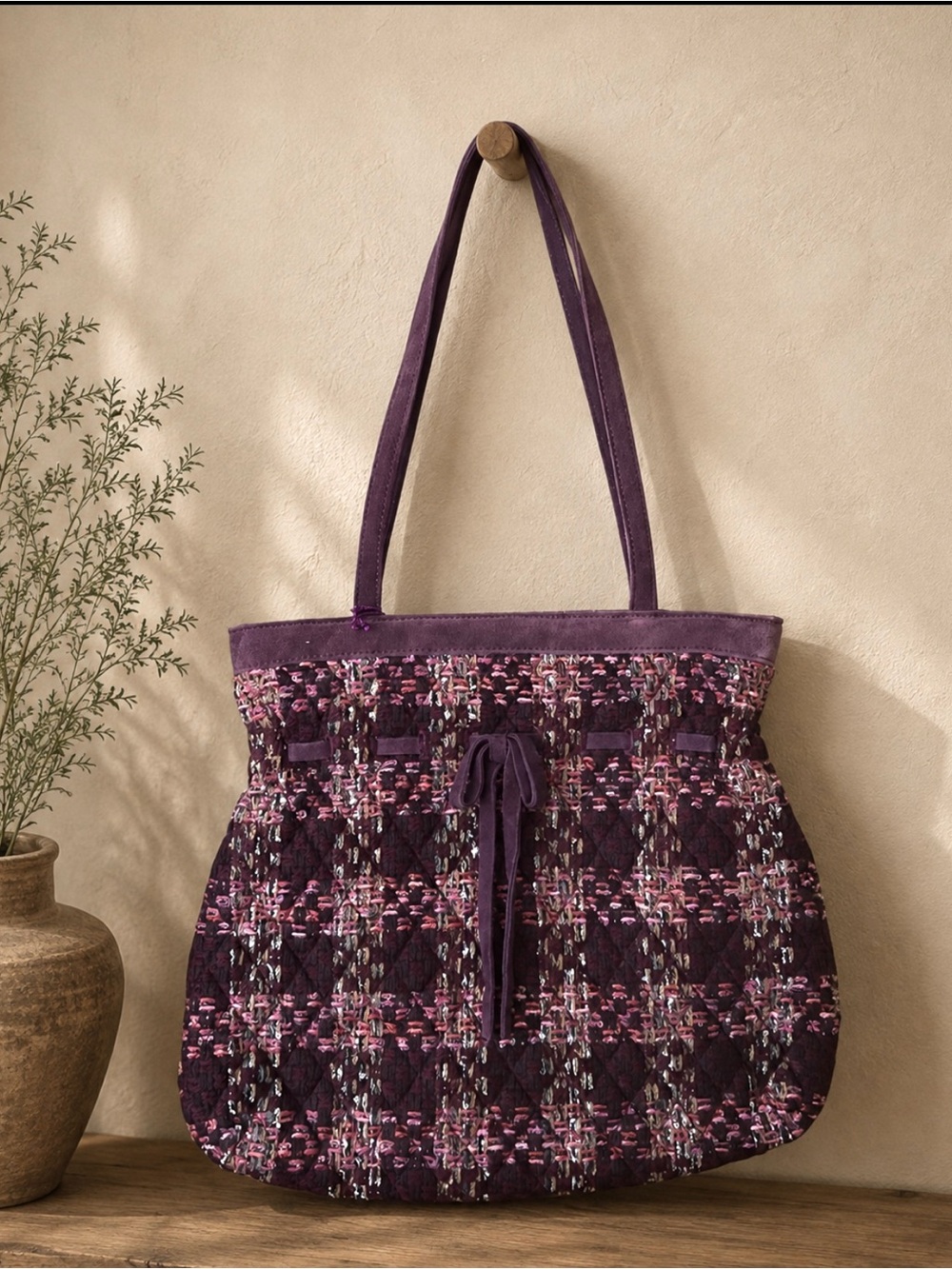 Vera Bradley Cinch Tote Bag Tweed Suede Plum Large Retired Fall Winter/NWT
